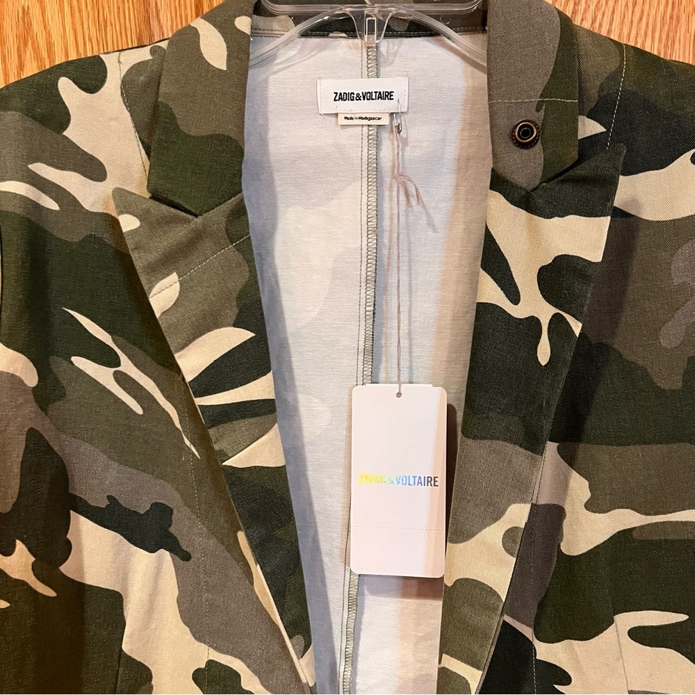 Zadig & Voltaire Virginia Camo Raw-Edge Button-Front Cotton Blazer Jacket‎ Large - Picture 8 of 16
